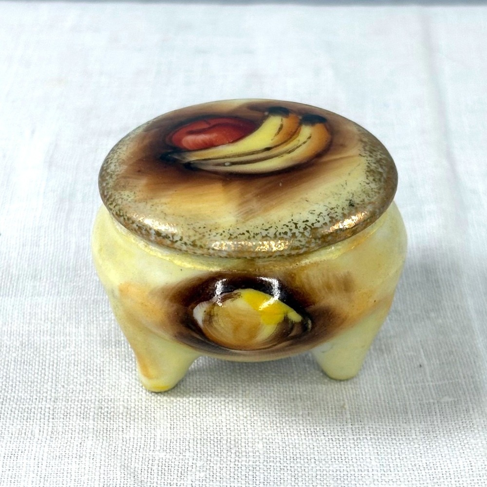 Vintage Enesco Japan Porcelain Fruit Trinket Box Footed Round Jar Apple Bananas